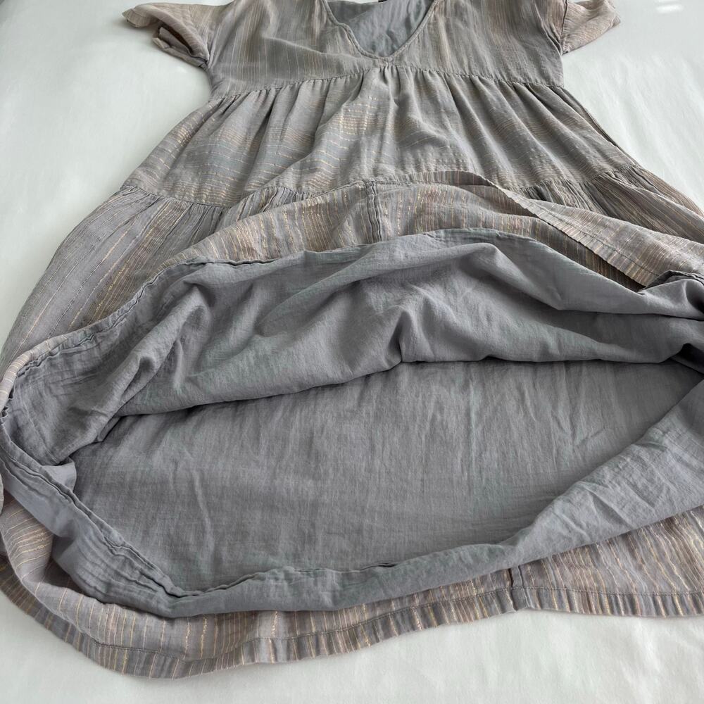 Pink Chicken Tiered V-Neck Neutral Metallic Striped Mini Dress, Size Small - Picture 3 of 11